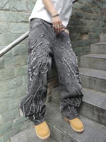 Manfinity Roghcode Men's Casual Pocket Frayed Hem Simple Denim Jeans - Dark Grey - View 5