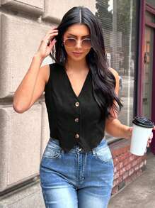 SHEIN LUNE 女式纯色单排扣无袖休闲衬衫 - 黑色 - 查看 4