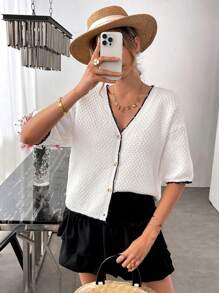 SHEIN LUNE New Fashion Elegant Lady Knit Cardigan, Hollow Out Lightweight Black & White Patchwork Old Money Style Women