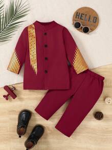 2 Stück Baby Jungen Set aus gewebtem bedrucktem Langarmhemd und Hose