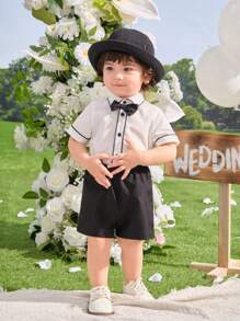 SHEIN 2 件套男婴黑白优雅花童领撞色丝带短袖衬衫和松紧腰短裤套装，适合生日派对、洗礼、1 岁生日、典礼、表演、婚礼场合 - 黑與白 - 查看 6