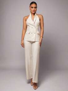 Silquee Solid Color Linen Sleeveless Non-Fitted Business Women's Blazer & Skirt 2 Pieces Set, Elegant Office/Teacher Uniform, Can Be Worn For Christmas, Everyday