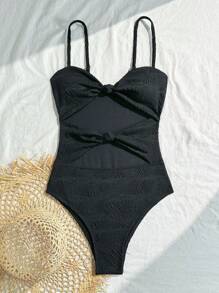 SHEIN VCAY Đồ bơi một mảnh hở tay màu trơn tối giản dây mảnh mảnh cho nữ, dành cho kỳ nghỉ hè ở bãi biển - màu đen - Xem 5