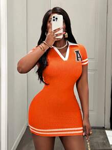 Slaydiva Summer Casual Streetwear Striped Letter Print Color Contrast Rib Knit Mini Dress