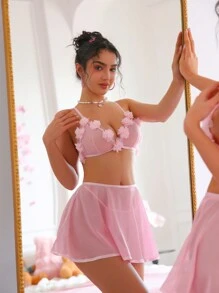 SHEIN 3 件套浪漫花朵荷叶边下摆裙子和内衣套装，性感 - 粉色 - 查看 1