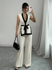 Elenzga 2pcs Women Spring/Summer French Elegant Color Blocking Sleeveless Cropped Top & Wide Leg Pants Set - Apricot - View 1