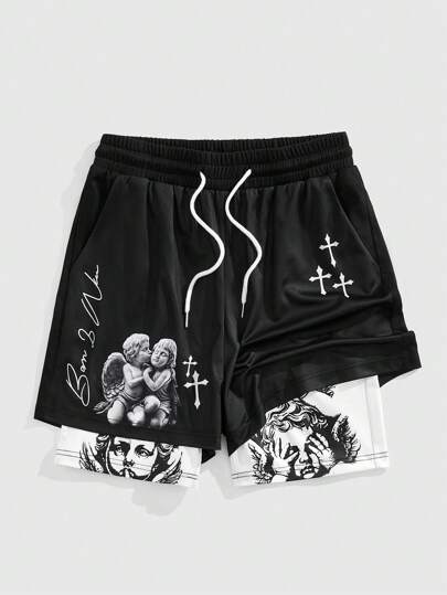 Goth Men's Letter & Cross Print Drawstring Waist Casual Sports Shorts