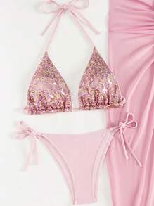 SHEIN Swim 3 件套女士夏季海滩度假性感亮片吊带上衣、纯色侧系带下装和透明网眼裙比基尼套装