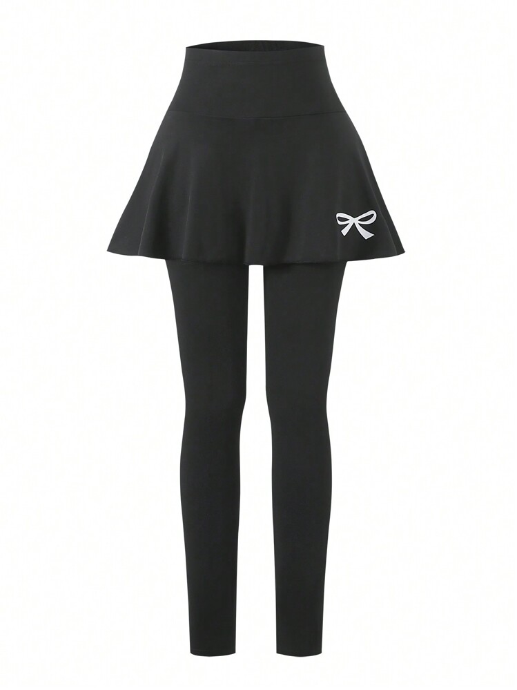 Sparklyn Holiday,Summer,Travel Tween Girl Casual Elegant Leggings With Bowknot Pattern, Suitable For Spring, Autumn & Summer, Great For Outdoor - Black - View 1