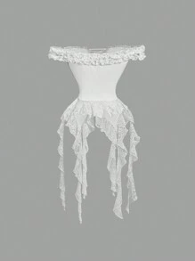 SHEIN MOD Women Solid Color Lace Ruffle Hem Blouse, White Ladies Top,Concert,Women Summer Tops,Concert Tops,Summer Tops,Concert Outfits - White - View 2