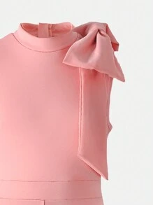 Girls High Waisted Sleeveless Simple Elegant Fashionable Half-High Collar Solid Color Jumpsuit With Detachable Bowknot Decor, Summer - Pink - View 6