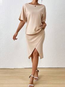 SHEIN Clasi 2pcs/Set Women Solid Color Short Sleeve Casual Top And Skirt - Apricot - View 6