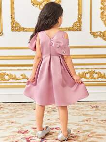 SHEIN Leap Crew Young Girl Elegant Exclusive Asymmetric Large Bow Satin Dress Gown - Pink - View 2