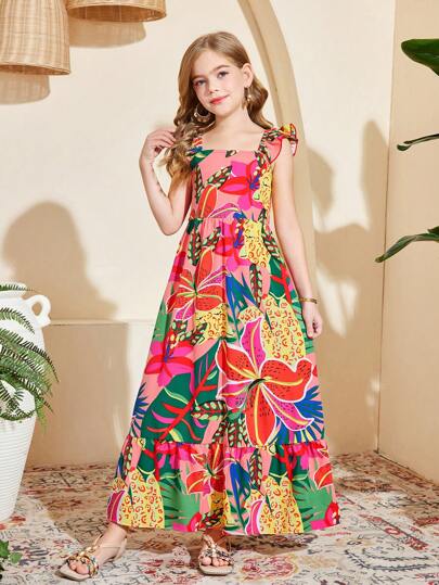 SHEIN Tween Girls Floral Print Square Neck Cap Sleeve Maxi Dress,Summer Vacation Mommy And Me Matching Outfits Holiday Outfits
