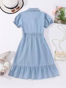 1pc Tween Girls Denim Dress With Ruffle Hem,Holiday,Summer,Travel - Light Wash - View 2