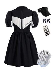 SHEIN 1件套时尚黑色休闲连衣裙，适合青少年女孩 - 黑色 - 查看 8