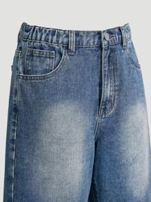 SHEIN Pantalones cortos vaqueros casuales de pierna recta y ajuste holgado con lavado vintage para adolescentes