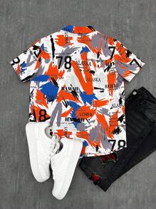 Tween Boy Cool Pattern Polo Collar Short Sleeve Shirt, Fashionable And Versatile For Casual, Sports, Outing, School, Party - Orange - View 2