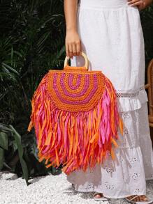 SHEIN SXY Dames, Dames Handtas met Handvat, Strozak, Modieus, Elegant, Eenvoudig, Gepersonaliseerd, Veelzijdig, Vlechten, Kwastjes, Stro, Veelkleurig, Voor Strand, Vakantie, Zomer, Aan Zee