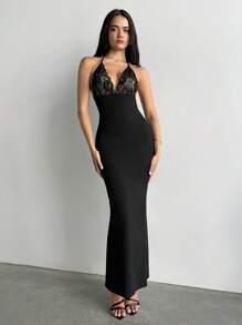 Aloruh Women's Elegant Sexy Lace Patchwork Backless Bodycon Dress Valentine Day - Black - View 5