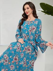 Lacomfia Vintage Floral Print Loose Crew Neck Side Split Gold Embroidery Long Sleeve Dress