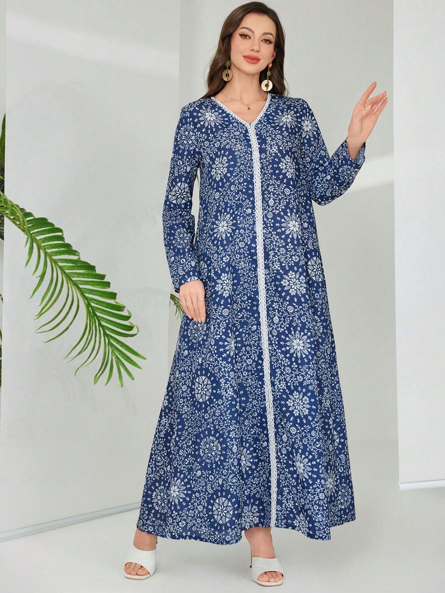 Al Najma 2025 新款阿拉伯风格女式春夏休闲长款连衣裙 - 藍色 - 查看 1