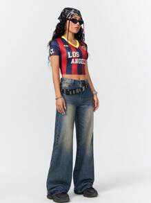 Coolane 女士运动字母条纹印花短款修身足球 T 恤 - 彩色 - 查看 4