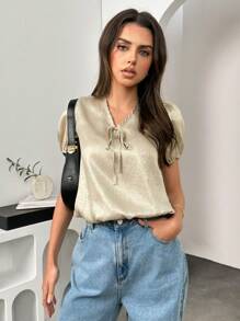 SHEIN Unity 女士夏季纯色系带泡泡袖衬衫 - 金色 - 查看 3