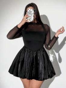 Viva Relle Plus Size Elegant Sheer Mesh Solid Color Dress - Black - View 3