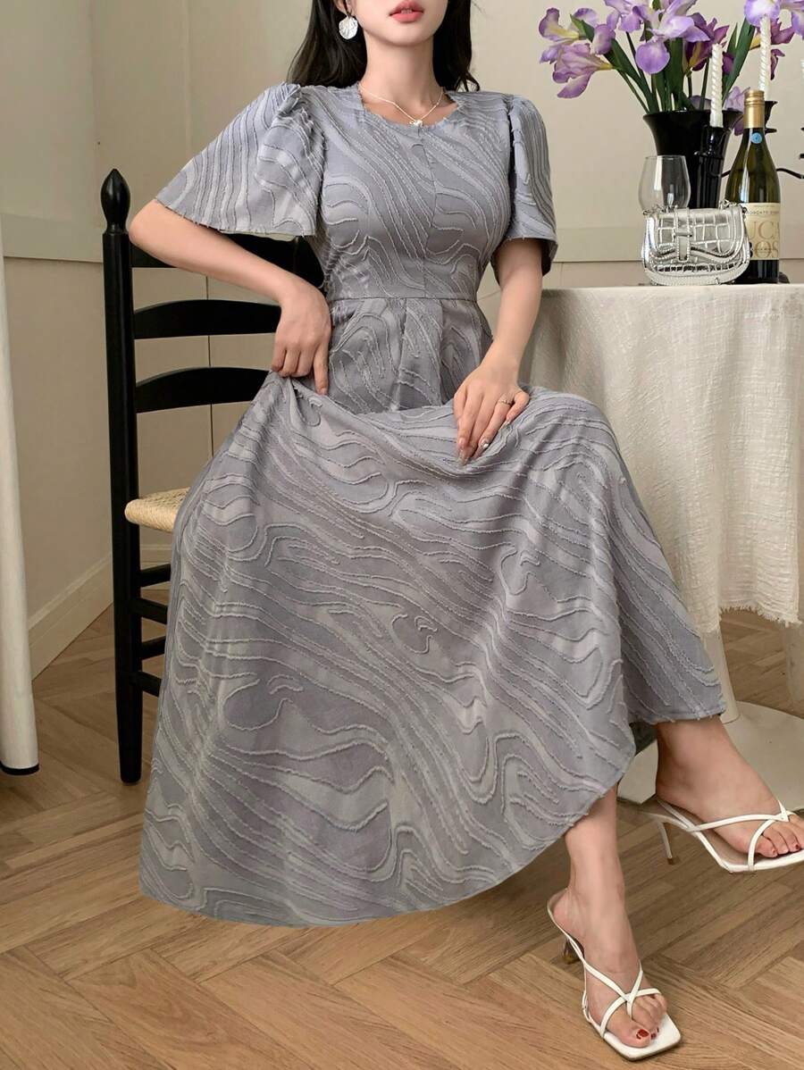 DAZY 女士优雅荷叶边袖 A 字中长连衣裙太阳裙，婚礼礼服 - 藍色 - 查看 1