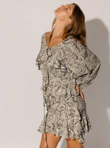 Aralina 休闲秋冬花卉 Y2K 褶边分层飘逸廓形波西米亚风格长袖迷你连衣裙早午餐教堂装 - 深灰色 - 查看 6