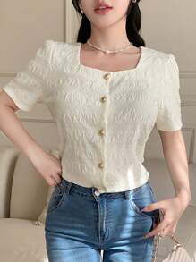 DAZY 女士纯色前扣短袖休闲衬衫，日常穿着 - 米色 - 查看 1