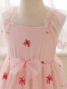 SHEIN Glamorique Kids 年轻女孩的草莓花卉刺绣网眼连衣裙，适合夏季度假、聚会、外出 - 粉色 - 查看 7