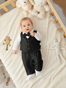 SHEIN 3件套新生儿男/女宝宝可爱秋季绅士套装，包括背心、纯色长袖衬衫、连体衣和裤子，适合生日派对、庆典、婚礼、洗礼、庆祝活动等场合。 - 黑色 - 查看 1