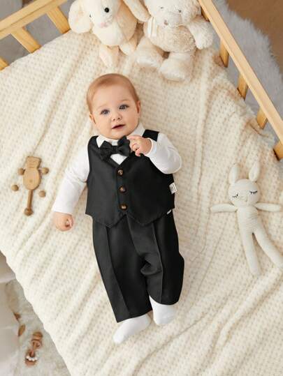 SHEIN 3 st/set Nyfödd Baby Pojke/Flicka Söt Höst Gentleman Outfit, Väst, Enfärgad Långärmad T-shirt, Bodysuit Med Byxor Kostym För Födelsedagsfest, Ceremoni, Bröllop, Dop, Fest