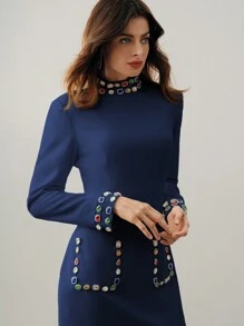 Anewsta Black High-End Brand Handmade Rhinestone Embellished Short Long Sleeve Dress, Autumn/Winter - Navy Blue - View 5