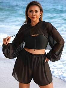 Swim Lushoire Plus Size 4pcs/Set All-Match Casual Sporty Tankini Set, Versatile, For Summer Beach Vacation