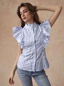 Écloséra 2024 New Summer European And American Style Women Short Sleeve Blouse, Striped Slim Fit Ruffle Trim 3/4 Sleeve Blouse