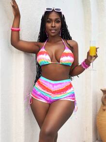 Slaydiva Summer Gradient Printed Frill Two-Piece Swimwear Bikini Beach Shorts Set - Multicolor - View 6