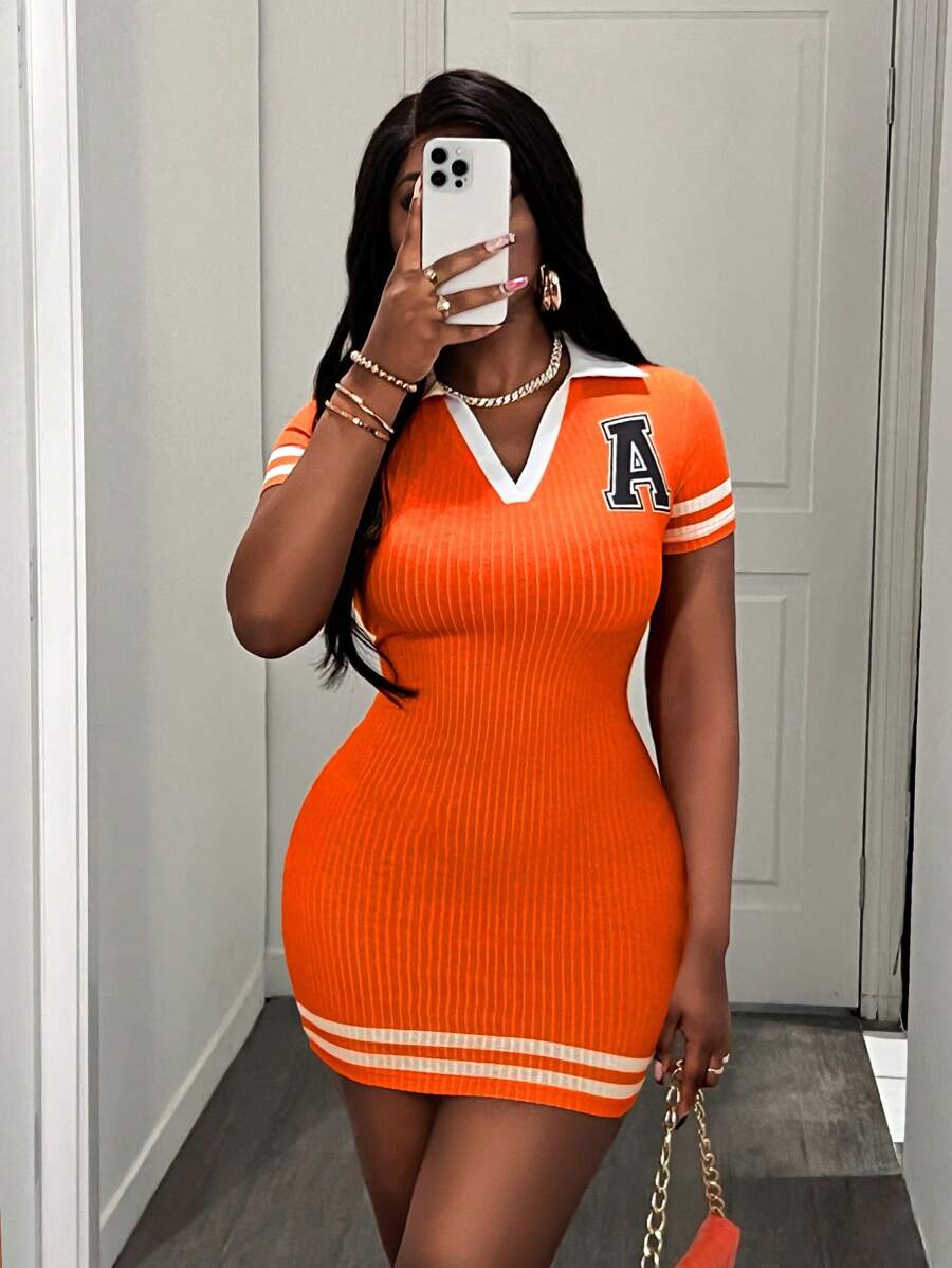Slaydiva Summer Casual Streetwear Striped Letter Print Color Contrast Rib Knit Mini Dress
