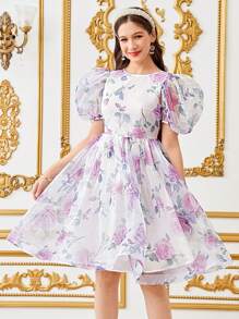 SHEIN 少女优雅拼色蝴蝶结后背泡泡袖中长连衣裙 - 粉色 - 查看 4