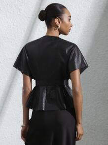 SHEIN Privé Camisa holgada de mujer con mangas con volantes, cintura ceñida y textura de tela de jacquard, con diseño elegante y vintage - Negro - Ver 2