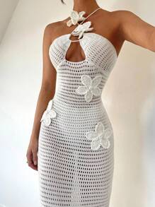 Chiquease Đầm dệt kim cổ chữ V họa tiết hoa 3D cho kỳ nghỉ của phụ nữ - trắng - Xem 5