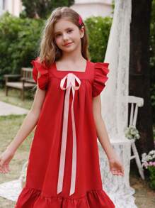 SHEIN Wildeya Tween-Mädchen Lässiges, elegantes, süßes A-Linien-Kleid mit Flügelärmeln und Schleife, Kleid mit rundem Kragen, rot, geeignet für Frühling, Sommer, Herbst, Ausflüge, Schule
