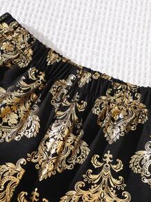 SHEIN 男童休闲金箔印花 Polo 领短袖衬衫和短裤套装，适合日常穿着、夏季、休闲、派对、日常、学校、旅行、聚会 - 黑色 - 查看 6