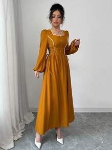 Modelyn Women's Yellow Woven Square Collar Ruffle Tie-Waist Button Front Dress - Yellow - View 5