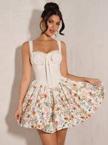 SHEIN BAE 暑假约会旅行连衣裙情人节连衣裙小碎花连衣裙野餐连衣裙优雅连衣裙纯色褶皱胸围蕾丝花边吊带裙女士夏季服装/春季服装/情人节服装/狂欢节/海滩度假服装 - 彩色 - 查看 5