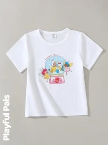 SHEIN 年轻女孩圆领短袖印花休闲上衣，日常穿着 - 白色 - 查看 3