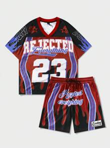 ROMWE MEN Prep Conjunto de camiseta de manga corta con cuello en V estampada digitalmente y shorts para hombres - Multicolor - Ver 3