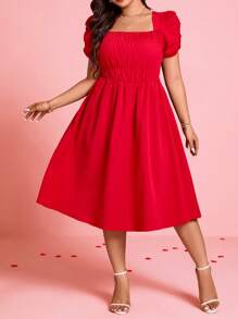 SHEIN Clasi Plus Size Women Valentine's Day Plain Color Short Sleeve Casual Red Dress, Simple & Fashionable, Outfit For Everyday Wear